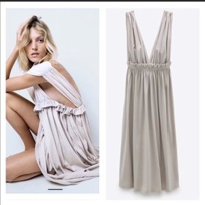 Zara Deep V Combination Gathered Grecian Style Midi Dress Mink Beige Size Small